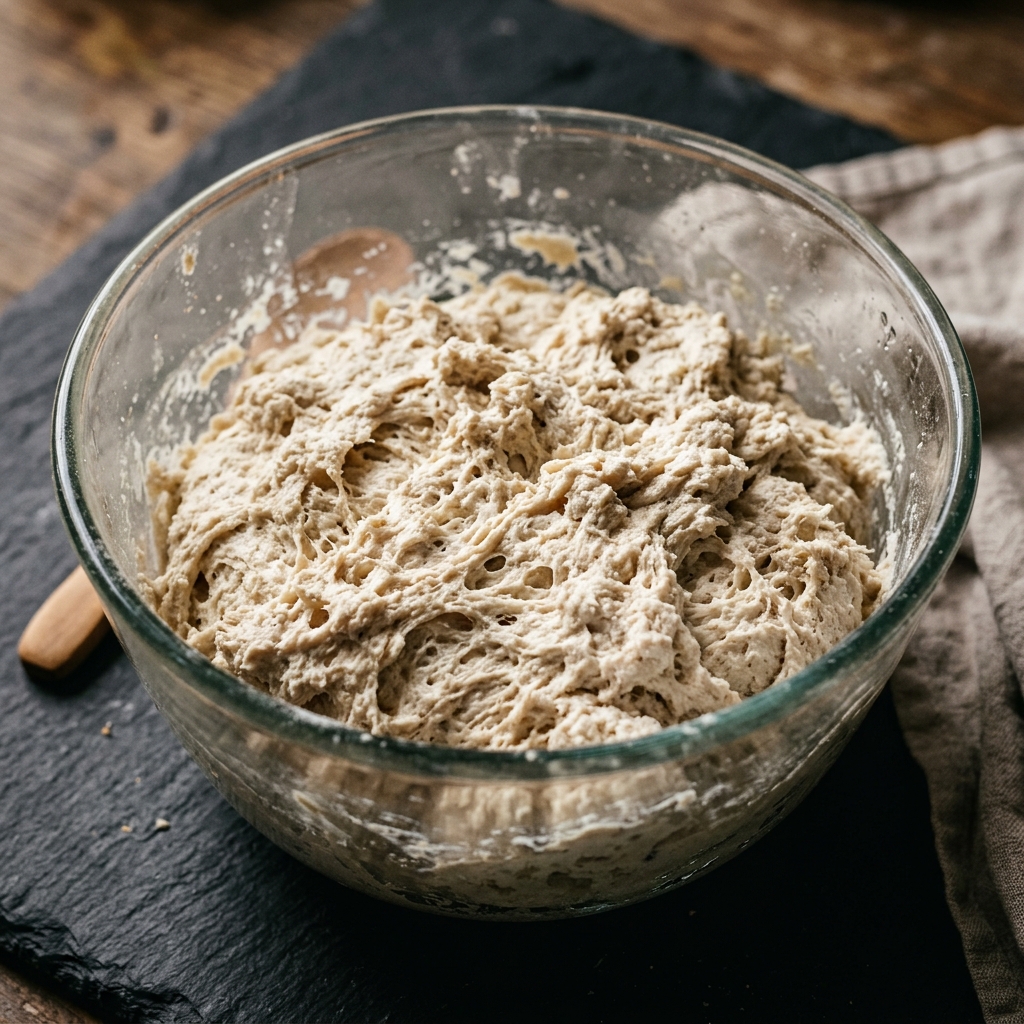 Close-up of shaggy, stiff Italian biga preferment in a glass bowl