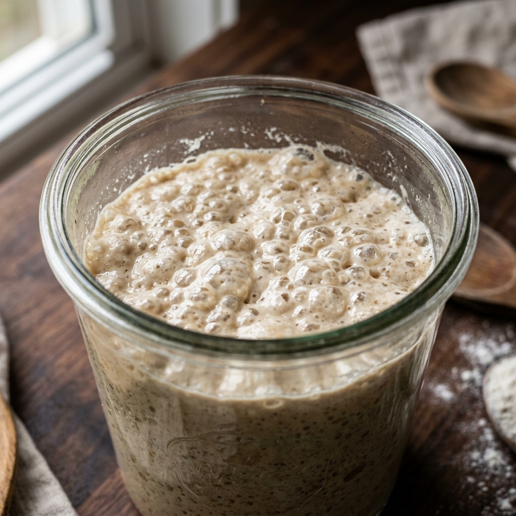 Close-up of highly active, bubbling poolish preferment in a glass container