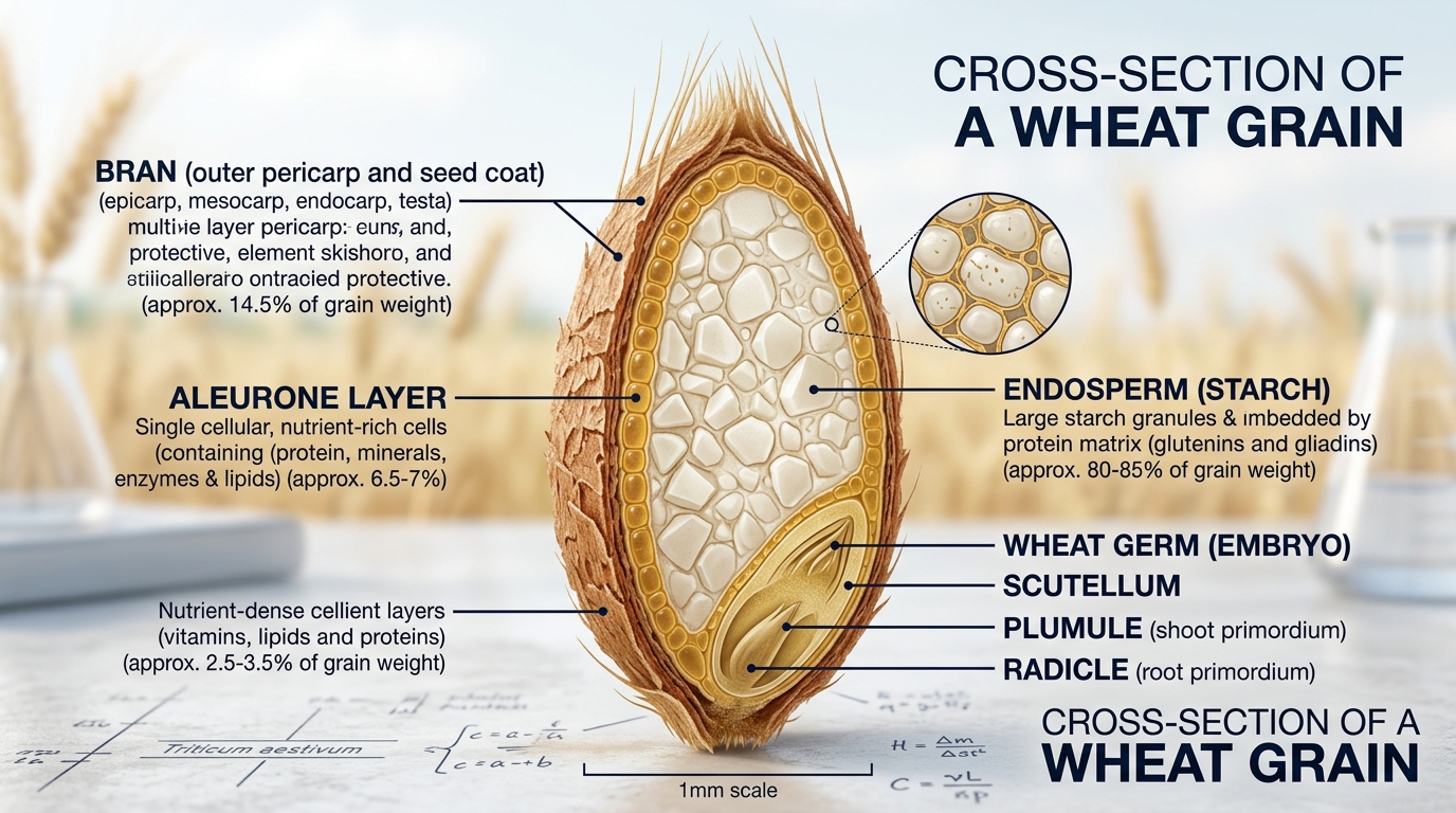 Cross-section diagram of wheat grain showing Bran, Aleurone Layer, Endosperm Starch, and Germ